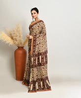 Cream-Brown Pure Bagru Pashmina Kalamkari Printed Sico Chanderi Saree